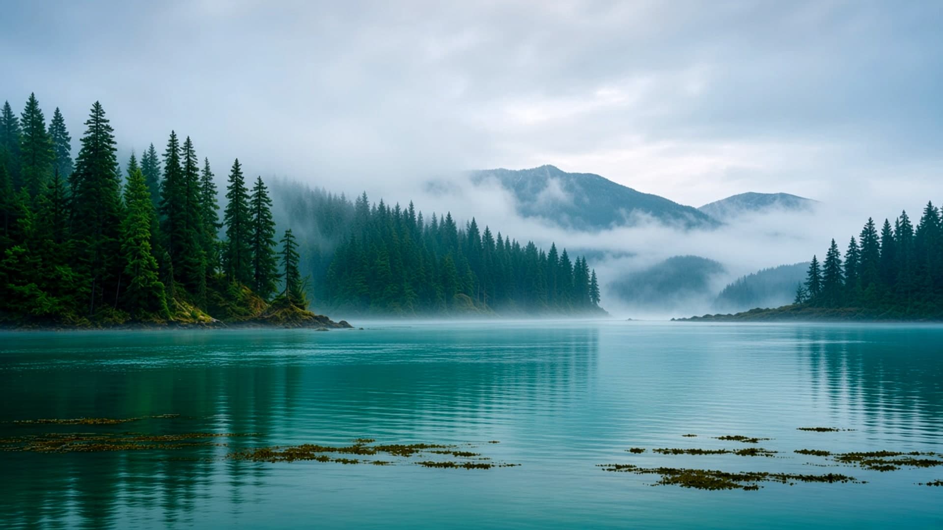 Fog over still water and a kelp-green shoreline