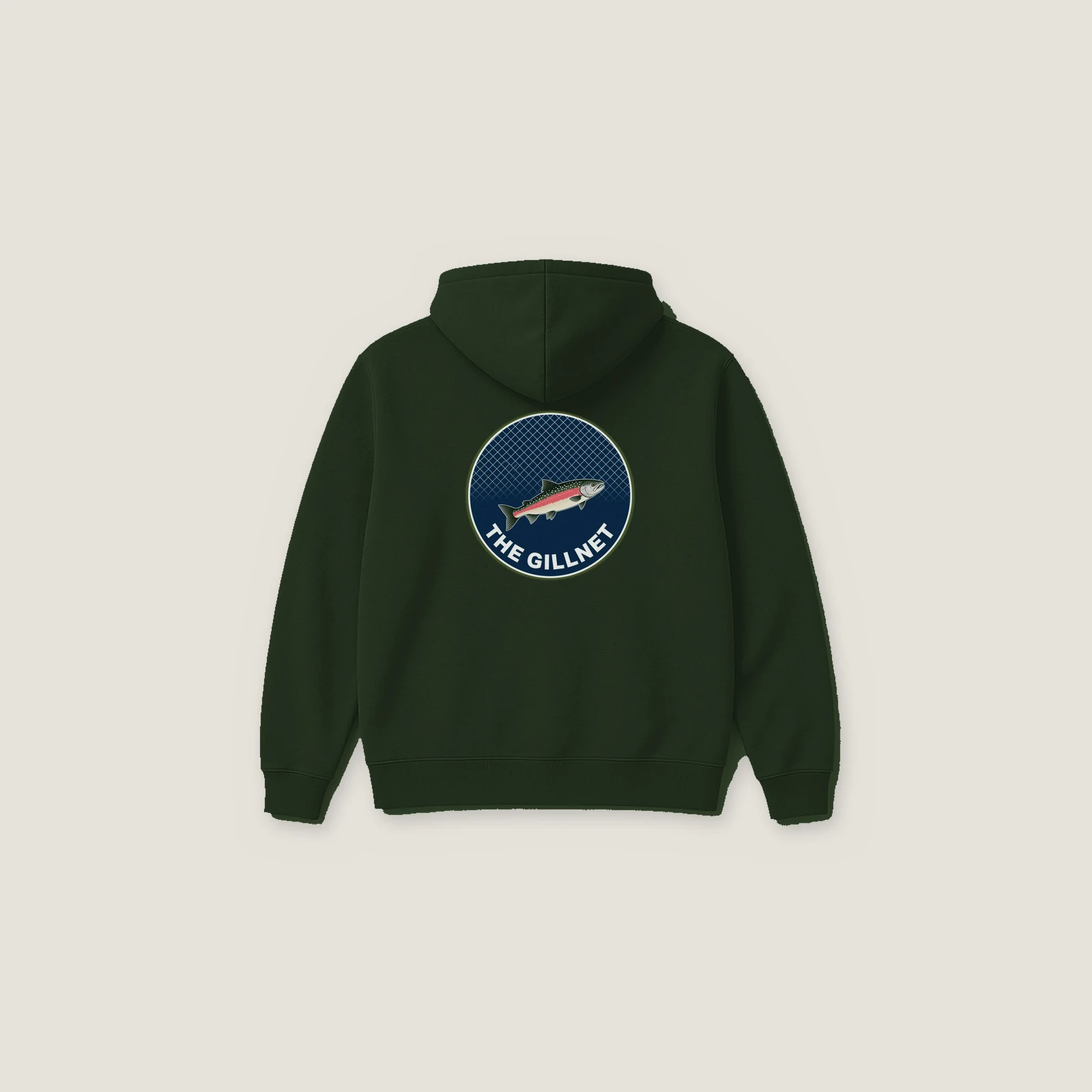 Salmon Badge Hoodie in Forest Green, upper-back badge